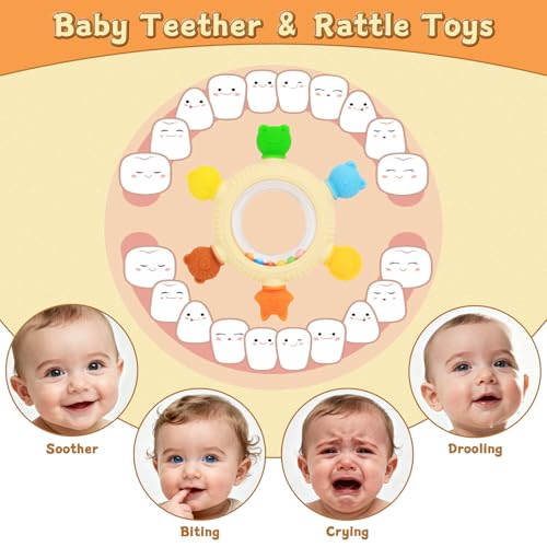 Baby Teething Rings Rattle Toys - BPA-Free Silicone Teether for 0-24 Months Infants & Toddlers, Safe Soft Chew Toys with Rattle Sound, Essential Teething Relief for Babies