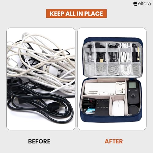 Image of Elfora Electronics Cable Organizer Bag | Portable Travel Accessory Case for Cables, Charger, Phone, Cords & Earphones | Single Compartment Storage Pouch with Mesh Pockets and Handle Carry Strap (Blue)