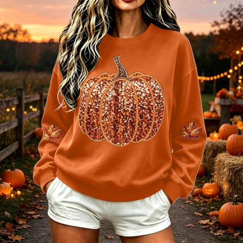 Pumpkin Sweatshirt Women Sequin Oversized Crewneck Halloween Sweatshirts - image 2