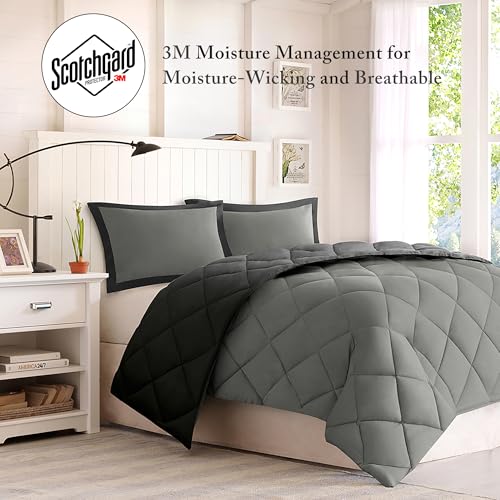 Image of Madison Park Comforter Set, Reversible Down Alternative All Season Microfiber Bedding, 3M Scotchgard Stain Release, Full /Queen Dorm Comforter, Black /Grey