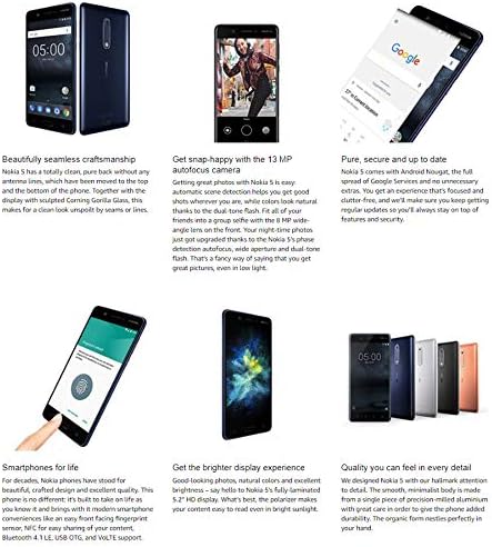 Nokia 5 - Android 9.0 Pie - 16 GB - Dual SIM Unlocked Smartphone (AT&T/T-Mobile/MetroPCS/Cricket/Mint) - 5.2" Screen - Blue (TA-1044-SIL)
