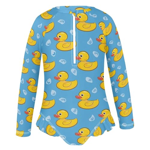 Yellow Duck on Blue Background Girls Long Sleeve Swimsuit Rash Guard One Piece Bathing Suits Zipper 3-12T2