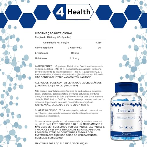 Sleep Well - Melatonina e L-triptofano 500mg - 60 Capsulas - 4 Health