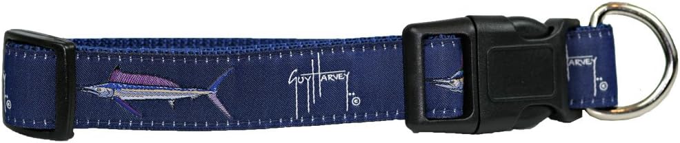 Guy Harvey Canvas Ribbon Nylon Embroidered Nautical Dog Collars 3 Sizes Marlin Dolphin Medium 16"-24", Dark Blue