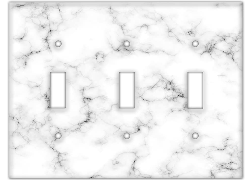 Decorative Wall Switch Cover Plate - White Marble Decor Switch Plate - Beautiful Stone Marble Finish With Colors of White and a Little Bit of Grey (Triple Toggle Switch Cover)