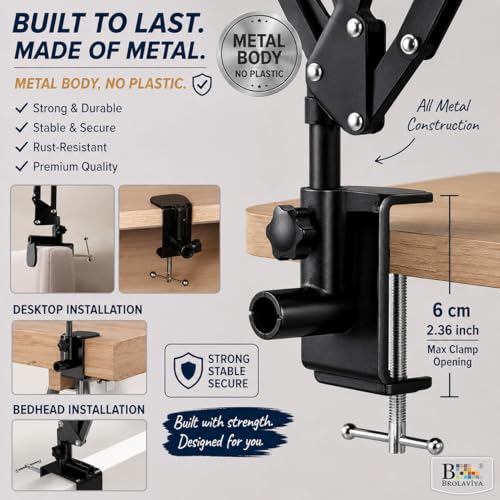 Image of BROLAVIYA Large Desk Base Clamp Mount for Microphone Boom Scissor Arm, Table C Clip for Articulating arm Stand, or Mic Stand Fits Up to 2.36 inch 6cm Thickness
