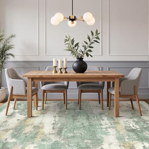 Image of 8x10 Area Rugs Washable Green Rug for Living Room Bedroom, Abstract Modern Large Rug Non Slip, Water Repellent Low Pile Soft Carpet for Dining Room, Light Green