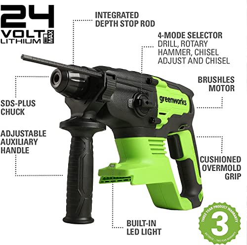 Greenworks GD24SDS2 Akku Bohrhammer SDS mit bürstenlosem Motor, 0-1000 U/min, 0-4500ipm, 2 Joule Schlagstärke, 4Ah Akku… – Bild 3