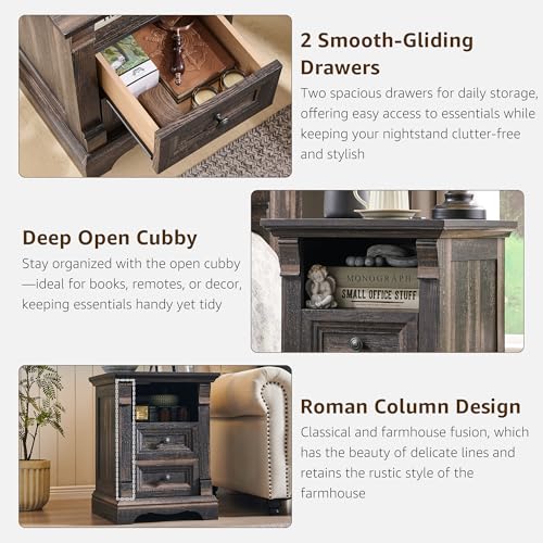 Image of Farmhouse Nightstand Set of 2, 18 inch Sofa Side Table with Charging Station
