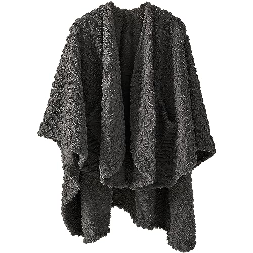 Royoliving Fuzzy Sherpa Wearable Fleece Blanket with Pockets for Adults, Ultra Soft Plush Shawl TV Throw Blankets for Sofa Bed Travel Camping (Grey, 58''*64'')