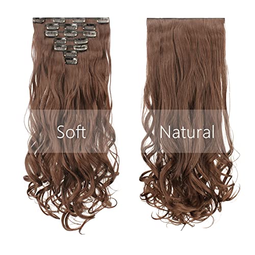Foto von FESHFEN Clip in Extensions 7 Teile Set 16 Clips Wellig Haarverlängerung Clips Haarteil Extensions Synthetik Gewellt Clip in Haarextension Helles Goldbraun Haarteile für Frauen, 50cm