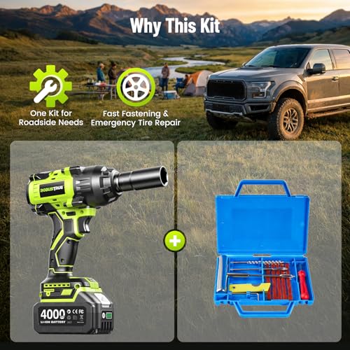 Image of Robustrue 1400N.m (1032ft-lbs) Cordless Impact Wrench, 1 /2 inch Brushless High Torque Impact Gun, 11Pcs Tire Repair Kit, 2x4000 mAh Batteries, Fast Charger, Impact Driver for Car Home /Truck RV /Mower