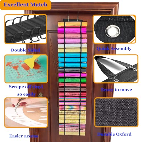 Image of 48 Compartments Vinyl Roll Storage, Vinyl Roll Holder Organizer, VinylStorage Rack Wall Mount /Over The Door for Craft Room Organizers and Storage Lengthened（Black）