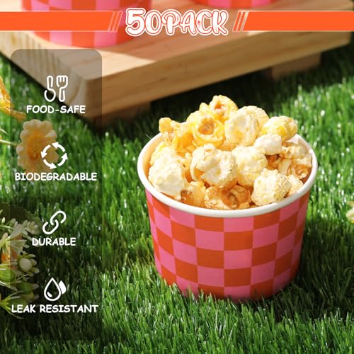 Image of Zopeal 50 Count Orange and Pink Checkered Ice Cream Cups Paper Race Car | Dessert Bowls 9 oz, Disposable Ice Cream Bowls, Birthday Party Supplies, Snack Cups Sundae Picnic Yogurt Bowls for Food