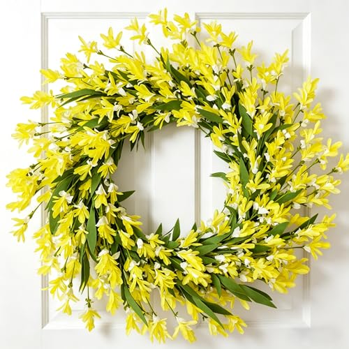 vivimemo 24 Inch Spring Wreath for Front Door - Yellow Artificial Flower Wreath with Green Leaves, All-Season Decor for Home Porch, Wall, Fireplace, Outdoor Indoor Spring Party Wedding Decoration