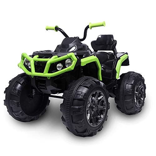 JOYMOR Ride on ATV, Coolest 4 Wheeler Kids Quad 12V Battery Powered Electric ATV Realistic Toy Car with 2 Speeds, Easy Button, Music, USB Port, Spring Suspension, LED Lights and Horns (Green)
