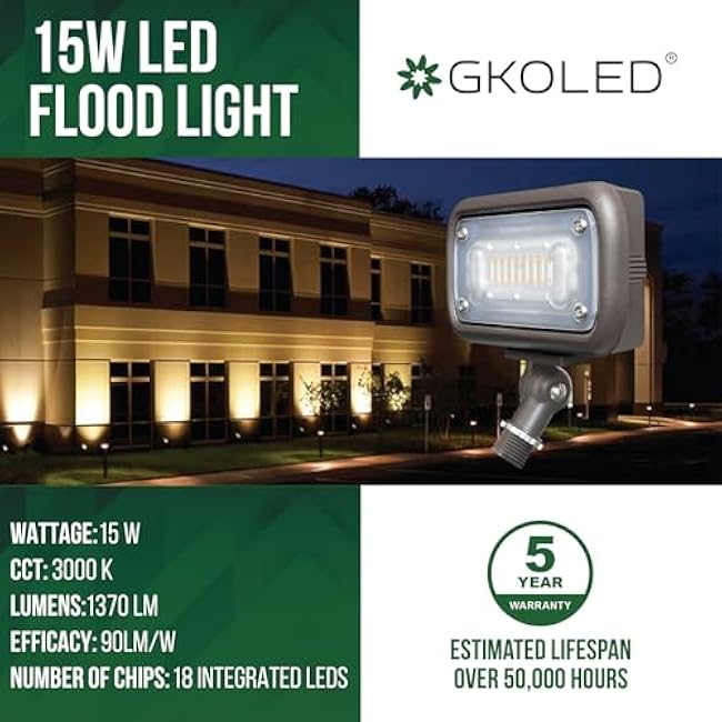 GKOLED Outdoor Security Floodlight, 15W Super Bright LED, 50W PSMH Equivalent, 1370 Lumens, 3000K Warm White, IP65 Waterproof, 120-277V, 1/2 Knuckle Mount, UL-Listed