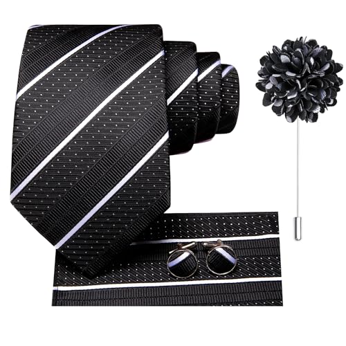 Image of Hi-Tie Men Silk Ties Set with Flower Lapel Pin Necktie Pocket Square Cufflinks for Tuxedo Wedding Business