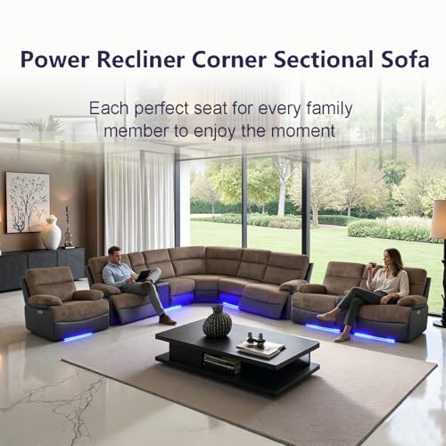 Image of Corduroy Power Recliner Sectional Sofa Set with LED Light,L Shaped Corduroy Sectional Set with 5 Recliner Seats,Modular Sofa and Loveseat with USB Port for Living Room Furniture
