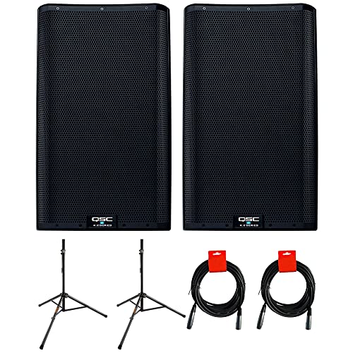 QSC K12.2 Active 12" Powered 2000 Watt Loudspeaker (Pair) Bundle with 2X Auray Steel Speaker Stand and 2X XLR-XLR Cable