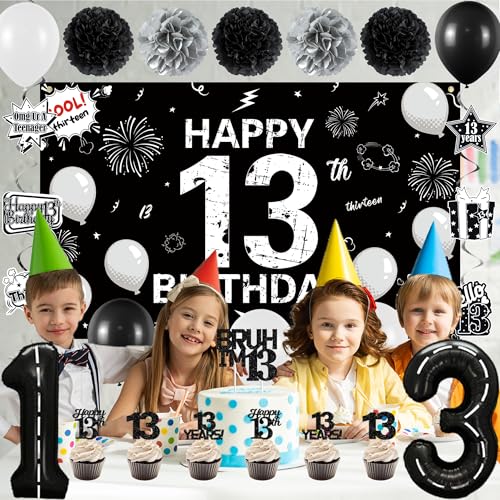 Image of Holkcog Happy 13th Birthday Decoration for Boys Girls, Black Official Teenager Party Supply, Black 13th Number Balloons & Cupcake Topper, Glitter Cool 13 Hanging Swirl, 13 Years Old Birthday Decor