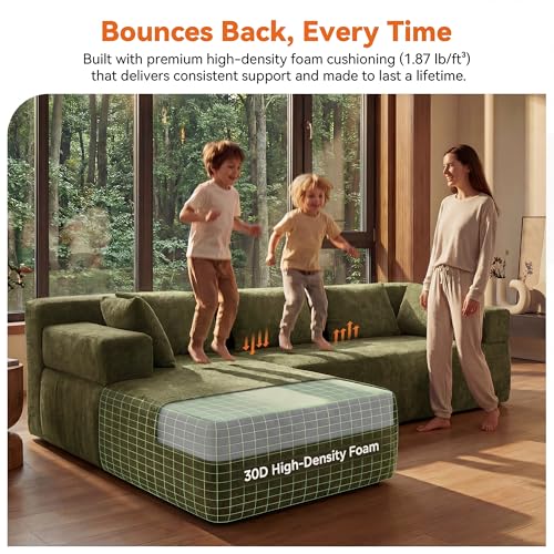 Image of MONVANE 106 inch Cloud Sectional Couch with L-Shaped Chaise, Modular Sectional Sofa with Deep Seat and Removable Armrests, Comfy Chenille Boneless Couches for Living Room, No Assembly Required, Green