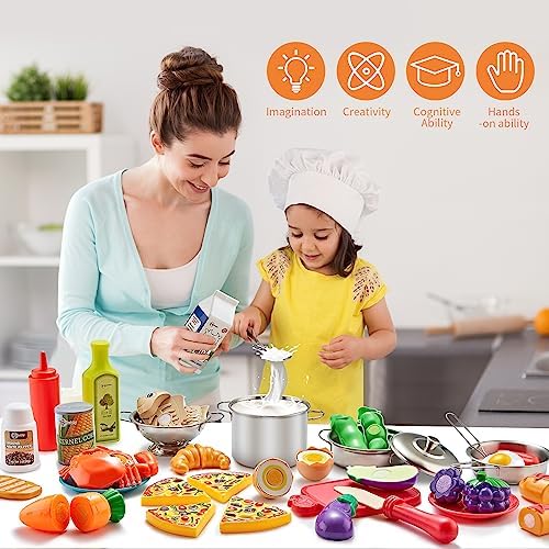 Kidsciety Pretend Play Kitchen Accessories, 52pc Kids Kitchen Playset with Play Food, Stainless Steel Cookware, Kitchen Toys Pots and Pans, Toddler Kitchen Set with Cuttable Toy Food, Boys Girls Gift
