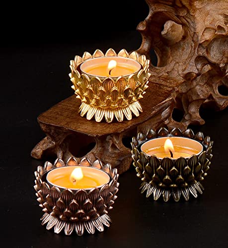 Lotus Flower Votive Tealight Candle Holder,Copper Buddhist Candlestick Holder,Tibetan Buddhist Water Offering Cup,Oil Lamp Holder for Meditation Buddha Altar with 4PCS Floating Canldes (Bronze)