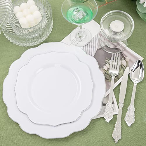 Noccur 120Pcs Silver Plastic Plates-Include 60Pcs Sliver Rim Disposable Dinner Plates And 60Pcs Salad/Dessert Plates For Wedding And Summer Party #TOP4