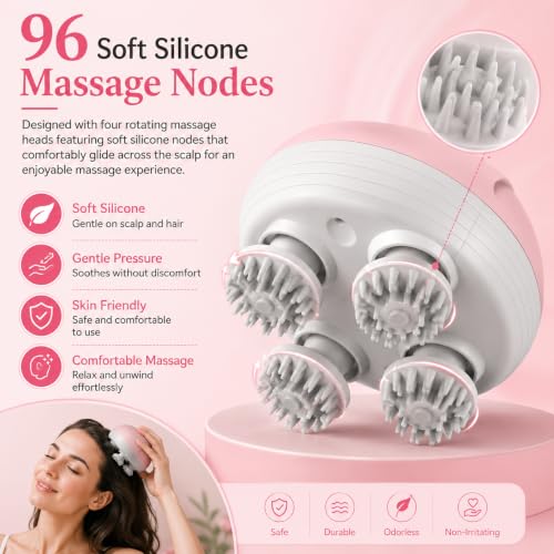 Image of Electric Scalp Massager - Handheld Head Massager with 4 Rotating Massage Nodes, Waterproof Relaxation Device for Hair Growth, Stress Relief & Deep Scalp Massage - Rechargeable, Portable (Pink)