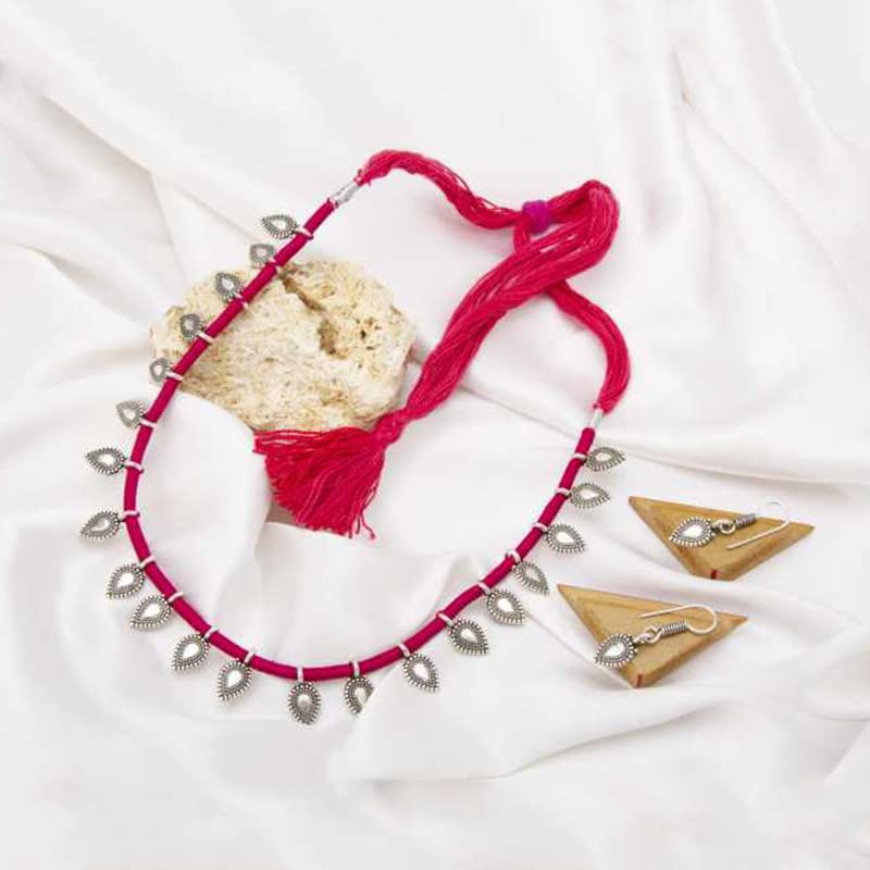 Image of Yellow Chimes Women and Girls Traditional Silver Oxidised Choker Jewellery Set - Black