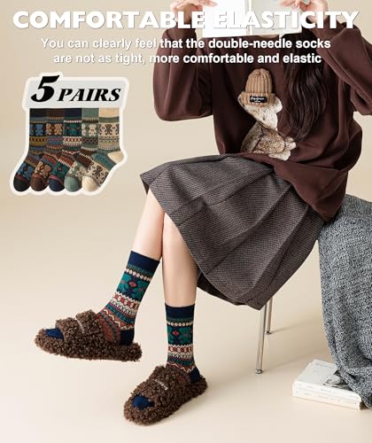 Image of IIG 3-5 Pairs Womens Vintage Cozy Crew Socks Soft Cute Neutral Cotton Socks Exquisite Patterns Socks Gift