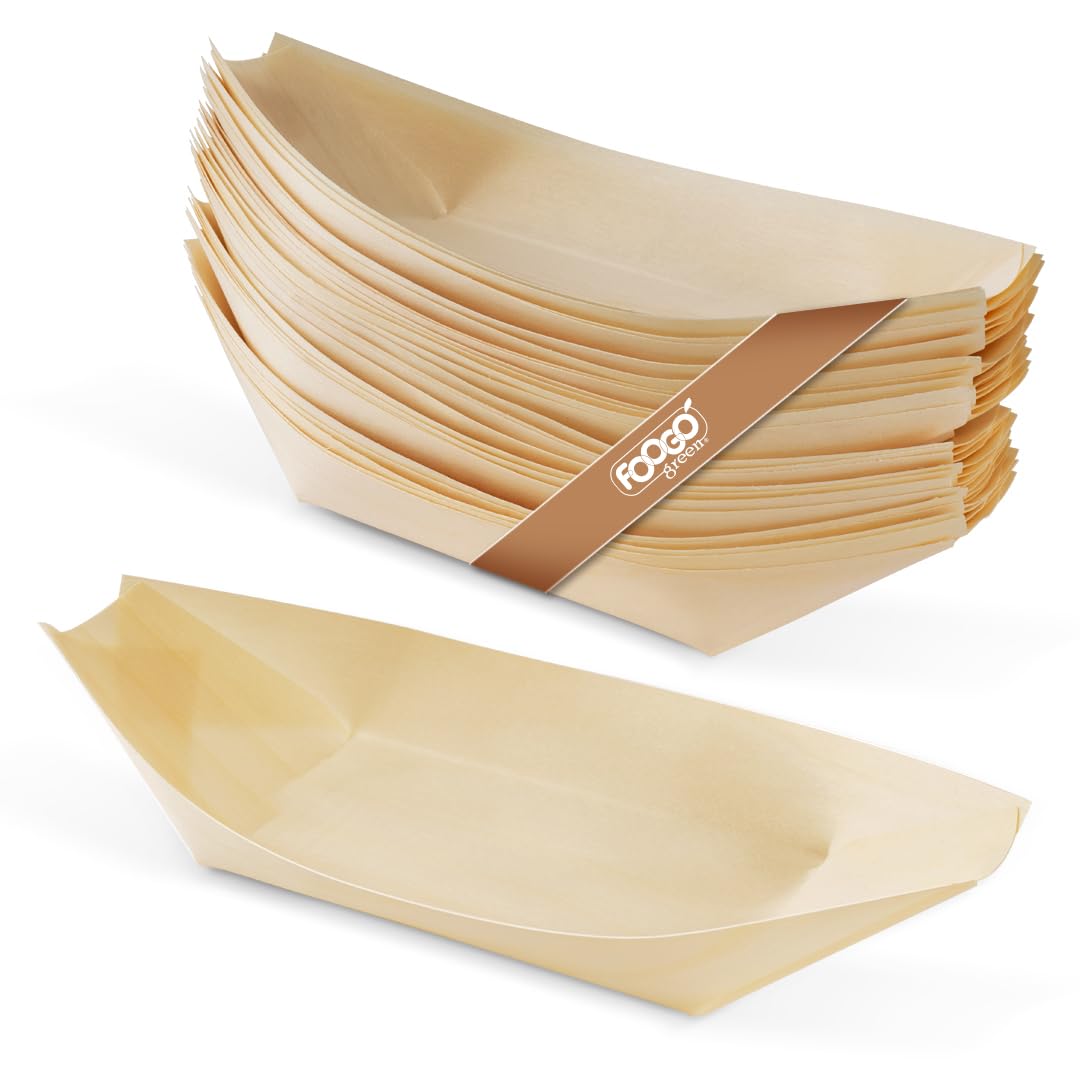 FOOGO Green 50 Barchette di Legno di Bambù Monouso, 23 cm, Certificate FSC®, Barbecue, Feste in Giardino, Aperitivi, Antipasti, Ecologiche, Biodegradabili, Feste di Nozze, Bicchieri di Carta