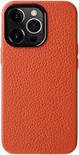 Coque iPhone 14 Pro Max texture Litchi étui cuir enveloppant orange avec doublure floquée
