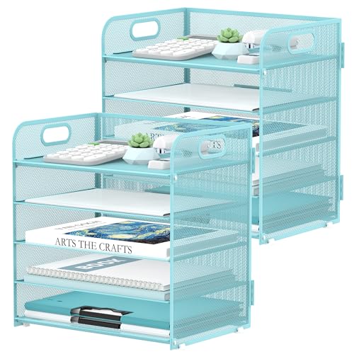 Image of 2 Pack 5-Tier Blue Desk Organizer with Handle Mesh Desk File /Paper Organizer Letter Tray for Office, School and Home Easy Installation