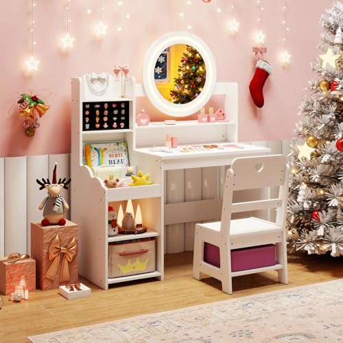 Image of HONEY JOY Kids Vanity with Lights, Wooden Princess Makeup Dressing Vanity Desk with Jewelry Storage, Open Shelves, 2 in 1 Toddler Vanity Table & Chair Set with Lighted Mirror for Little Girls(White)