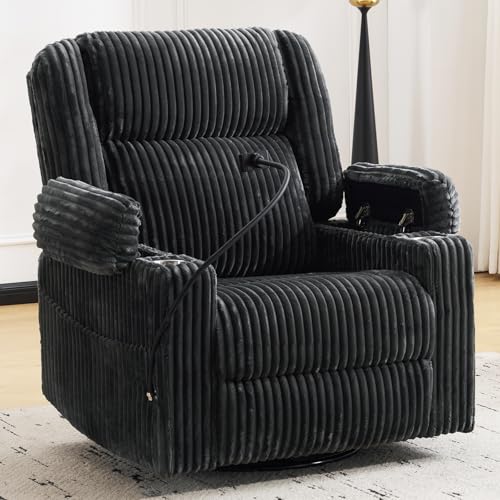 Image of Oversized Power Recliner Chair with Massage and Heat,Swivel Rocker Recliner Chair for Adults with Arm Storage,Nursery Glider Recliner with Adjustable Headrest and Side Pockets,Phone Stand,Dark Grey