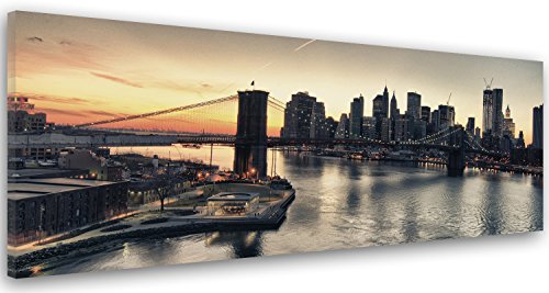 Feeby Frames, Cuadro en lienzo, Cuadro impresión, Cuadro decoración, Canvas de una pieza, 50x150 cm, PUENTE DE BROOKLYN, NEW YORK CITY, CIUDAD, EDIFICIOS, RASCACIELOS, ARQUITECTURA, AGUA, VISTA, NEGRO