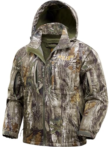 NEW VIEW Camo Hunting Jackets for Men, Warm Fleece Lined Hunting Jacket with Hood, Quiet Water Resistant Hunting Clothes