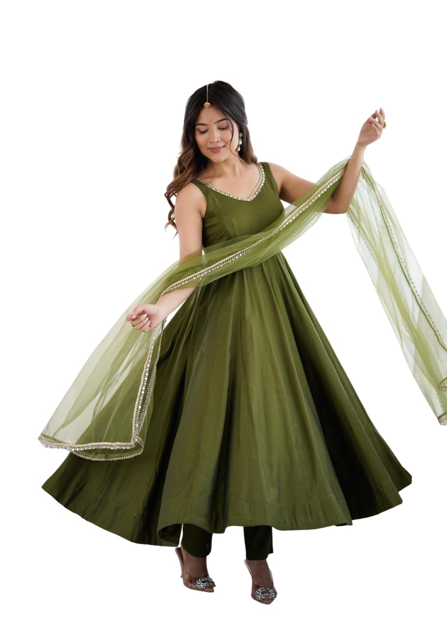 Women's Pure Roman Silk Chanderi Fully Flair Anarkali Gown with Dupatta,Pent Suit Set.-image-36
