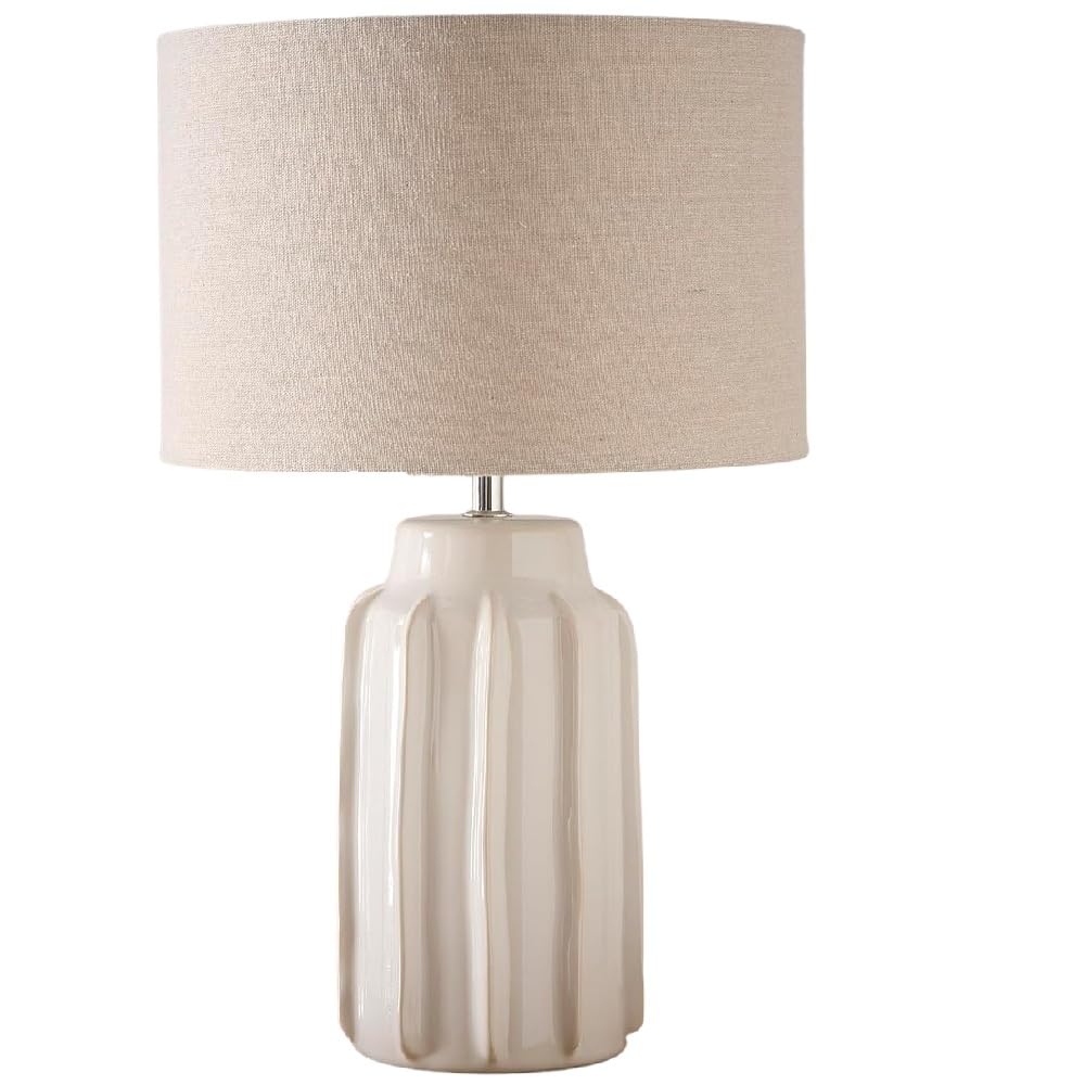 Britalia Cream Ceramic Table Lamp, 47Cm Base, Beige Fabric Shade, Modern Ribbed Design