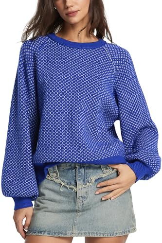D-Sun Women Crewneck Plaid Sweater Long Sleeves Color Block Pullover Sweater Casual Winter Chunky Knit Ribbed Jumper Top