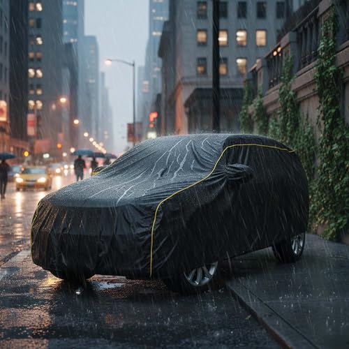 Image of Sulfar 100% Water Resistant Car Body Cover Compatible with Mirror for Toyota Urban Cruiser Tiasor(Breeza) (Triple Stitched, Full Bottom Elastic, Black Tafetta with Yellow Piping)