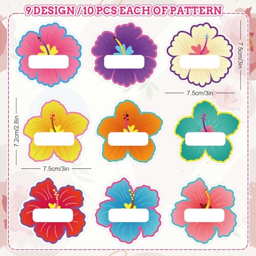Image of Whaline 90Pcs Hibiscus Flower Name Tag Stickers Colorful Floral Blank Nameplate Decals 9 Styles Self-Adhesive Name Labels for Summer Hawaiian Classroom Students Desk Office Decor