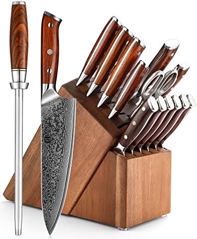 XINZUO Damascus Steel 15Pcs Kitchen Knife Block Set with Honing Steel and Kitchen Shears, Sharp Forged Cooking Knife Set -Chef Santoku Slicing Boning Utility Paring Knife and 6Pcs Steak Knife Set
