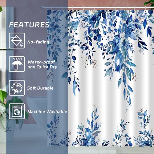 Image of Eucalyptus Shower Curtain, Abstract Aesthetic Art Watercolor Plant Leaves with Floral Bathroom Decor, Waterproof Fabric Cloth Bath Curtain Set with Hooks (Dark Blue, 72x72 Inches)