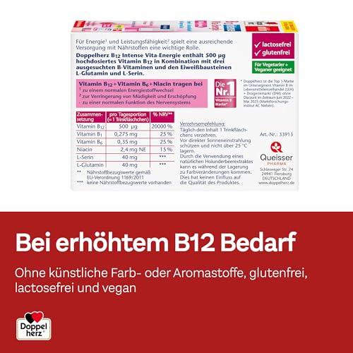 Doppelherz B12 Intense Vita-Energie - hochdosiert mit 500 µg Vitamin B12 pro Trinkfläschchen - 8 Ampullen - vegan