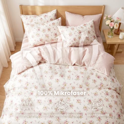 Freyamy Blumen Bettwäsche 135x200 2teilig Cremeweiß Rosa Mikrofaser – Ansicht 4