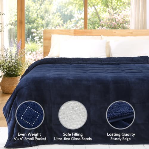 Image of Cottonblue Weighted Blanket 20lbs 60x80 Inches, Navy Blue Sherpa Blanket Throw Sofa Bedding Heavy Blanket for Adults, Soft Cozy Fleece Blanket On Queen Bed, Plush Fleece Minky 20 lb Weighted Blanket