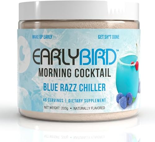 EarlyBird Energy Drink Powder, Morning Cocktail Blue Rzz Chiller, Zero Sugar Electrolytes with Amino Acids, Electrolytes Powder & Caffeine Drink Mix for Morning Energy, Focus & Hydration, 45 Servings